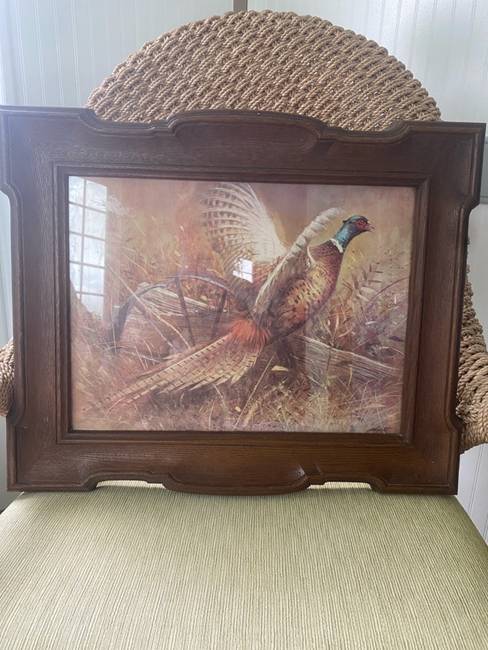 Vintage 1981 HOMCO Pheasant Hunting Print w/ Faux Wood Frame. Rustic Farmhouse.